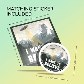 1 x Greeting Card & 10 cm Round Sticker Set - I Want to Believe UFO Space Aliens Cool - Birthday Thank You Friend Lover Fan Mum Dad Kids #58747