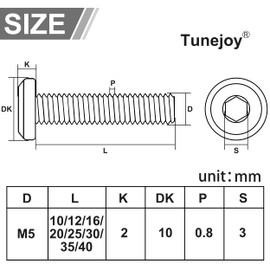Tunejoy Flat Head Screws Black M5 x 40 mm Flat Head Screws Stainless Steel A2 V2A Furniture Screws Hexagon Socket Full Thread with Allen Key Pack of 20