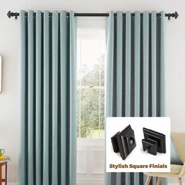KAMANINA Black Curtain Rods for Windows 72 to 144 Inch, 1 Inch Heavy Duty Long Curtain Rod 32 to 144 (6-12ft), Adjustable Single Drapery Rods with Square Finials