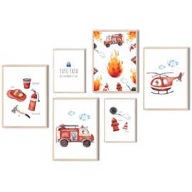 MeinBaby123® Children's Room Pictures, DIN A4 & DIN A5, Set of 6 Poster Set, Fire Engine, Firefighter, Decorative Children's Room Boy, Baby Room Decoration, Wall Poster Premium (Fire Brigade V6)