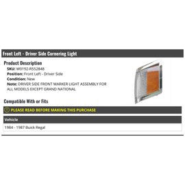 Marketplace Auto Parts Front Left Driver Side Cornering Light - Compatible with 1984-1987 Buick Regal