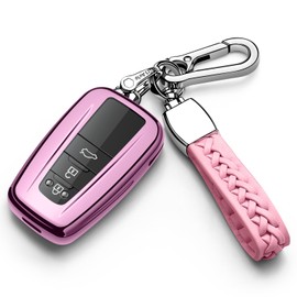 Car Logo Key Chain Cover Fit For Toyota Crown C-HR Corolla RAV4 Camry Land Cruiser Prado 360° Protection Transparent TPU Car Key Chain Ring (Pink)