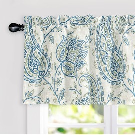 DriftAway Jacob Linen Blend Blackout Valance for Kitchen 18 Inch Length Scroll Floral Paisley Printed Lined Rod Pocket Room Darkening Linen Curtain Valance for Living Room 52x18 Inch Blue Green