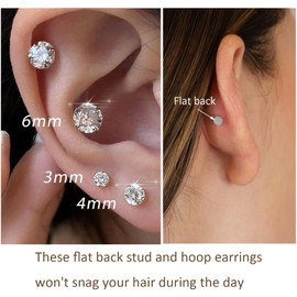 Threadless Flat Back Earrings 6 Pairs Earring Sets Small Huggie Hoop Earrings for Women Surgical Steel Earrings, Stainless Steel, Cubic Zirconia