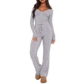 LACOZY Ladies Cotton Pajamas Set Long Sleeve Sexy V Neck Pj Set Y2K 2 Piece Lounge Workout Set Tracksuit for Yoga Grey M