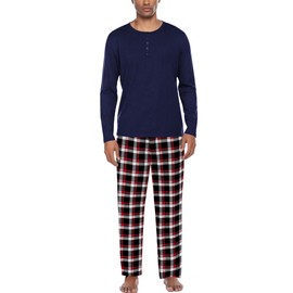 Ekouaer Men's Pyjamas Sets Long Sleeve Pjs Soft Loungewear Winter Henley Top with Checked Pants Navy Black Red XL