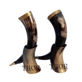 Viking Drinking Horn Mug Thor Hammer Hand Carved Large 10"-12" with Stand/Set Of 2 Rustic Vintage Home Decor Gifts