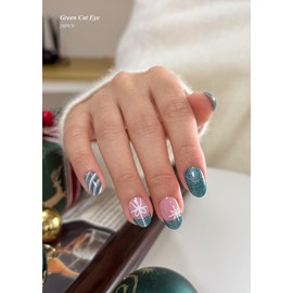 AutyaMee Semi Cured Gel Nail Strips (Green Cat Eye), Christmas Snowflake, Bow, 20 Pcs Gel Nail Wraps, Stickers, Long Lasting, Works with Any UV Lamps