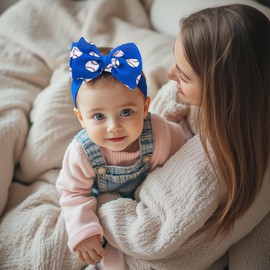 QFV Baby Girl Bows Newborn Headband 0-6 Months Infant Big Bows for Birthday/Baby Shower/Photography/Baby Gifts (Blue Ball& whte ball)