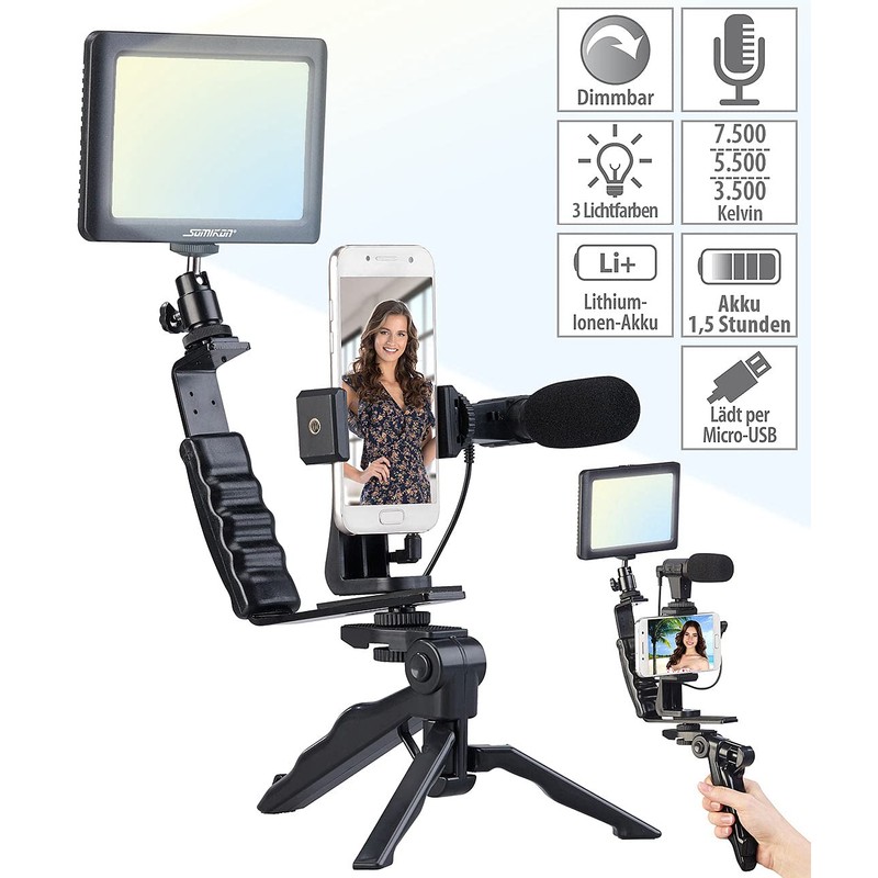 Somikon Videoleuchte: 4-teiliges Vlogging-Set mit LED-Leuchte, Mikrofon, Stativ & Halterung