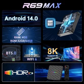 Android TV Box,2025 Android 14 TV Box with 4K 8K HDR10 Wi-Fi 6 4GB RAM 64GB ROM Quad Core ARM Cortex-A53 Chip, Android Box 14.0 2.4G/5G Wi-Fi Ethernet Bluetooth5.0 H.265 3D 4K Video Smart Box for TV