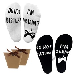 2Pcs Novelty Funny Cotton Socks - Do Not Disturb I'm Gaming Socks Soft Unisex Sock Funny for Men Women Gamers (Black，White)
