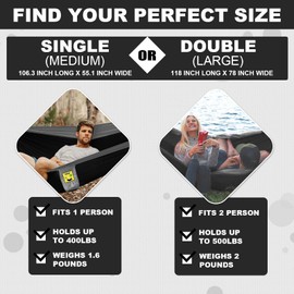 SZHLUX Camping Hammock Double & Single Portable Hammocks with 2 Tree Straps, Great for Hiking,Backpacking,Hunting,Outdoor,Beach,Camping,Black / Grey