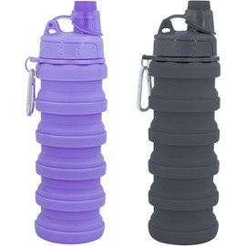 JAFEN 2 Piezas Botella de Agua Plegable, 500 ml Botella de agua deportiva plegable, Taza de portátil, Taza de agua cuadrada retráctil (negro+morado)