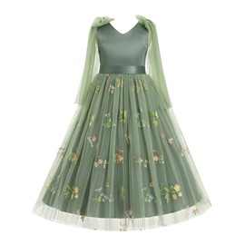 IDOPIP Flower Girl Embroidery Tulle Dress for Kids Wedding Bridesmaid Formal Party Pageant V-Backless Bowknot Gown Big Little Princess First Communion Long Maxi Dresses Green - Sleeveless 11-12 Years