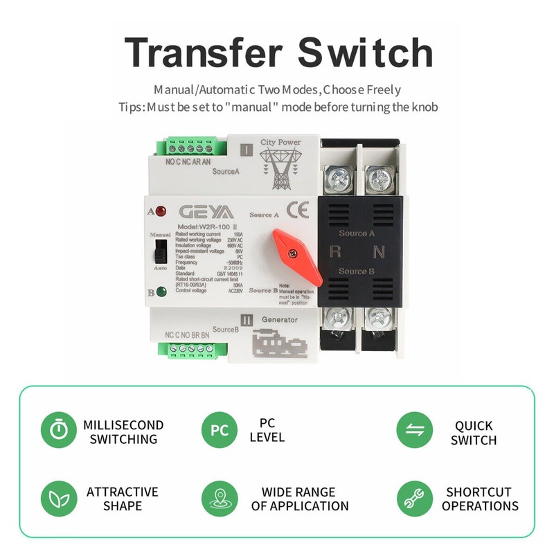 GEYA Mini ATS Automatic/Manual Transfer Switch, Solar Auto Dual Power
