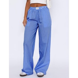 LOMON Womens Striped Wide Leg Boxers Pants Cotton Pajama Lounge Pj Casual Trousers Y2K Beach Bottoms with Pockets (Deep Blue Pinstripe, L)