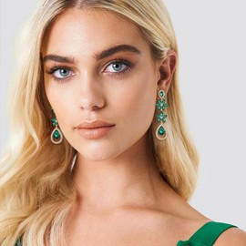 Flyonce Rhinestone Flower Drop Dangle Earrings for Women, Sparkly Crystal Teardrop Floral Statement Earring Wedding Prom Party Jewelry for Brides Bridal Green