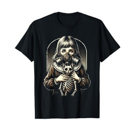 Creepy Girl Wearing Gas Mask and Holding a Cat Skeleton T-Shirt