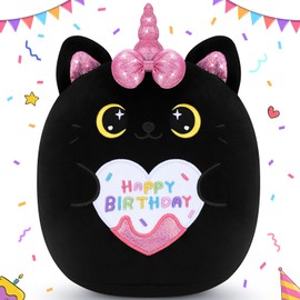 11.6 inch Black Cat Plush Stuffed Black Cat Cute Plush Birthday Stuffed Animal Happy Birthday Kitten Plush Doll Cartoon Cat Plush Hugging Pillow Plush Gift for Girls Boys Birthday Plushies Doll