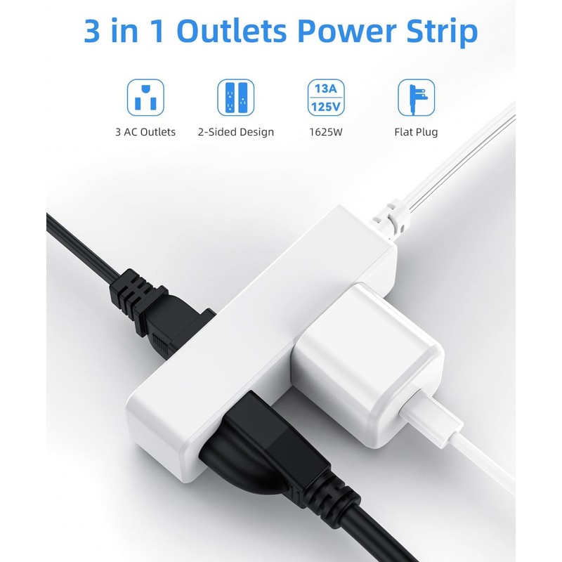 Flat Plug Extension Cord with 3 Outlets - 3 ft