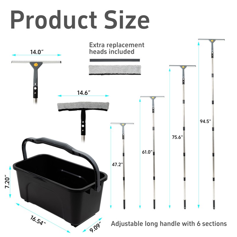Window Washing Kit with Extension Pole(19–94.5"), Window Squeegee with Extension