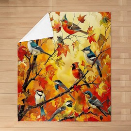 Colorful Birds Flannel Blankets,Maple Leaves Fleece Blanket,Kids Teens Adult Wild Animals Plants Fuzzy Blankets Modern Luxurious Sherpa Blanket Chair Sofa Bed Decor,50"×60"