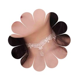 Aneneiceera Boho Flower Lace Choker Necklace White Teardrop Crystal Pendant Necklace Choker Gothic Droplet Collar Necklace Retro Vintage Necklace Chain Jewelry Gifts for Women (White A)