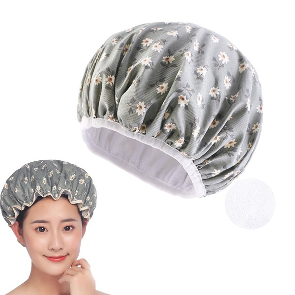 Women's Shower Cap, Double Layer, Waterproof Shower Cap with Unique Floral Pattern, Waterproof Elastic Shower Cap for Women, Suitable for Shower Make-Up and Spa (Grey)