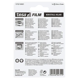 tesa Film Crystal Clear - Highly Transparent, Age-Resistant Tape with Strong Adhesion - 33 m x 15 mm