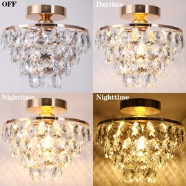 Luupyia Gold Crystal Chandelier Small, Mini Ceiling Light Modern Flush Mount Crystal Chandelier Hallway Overhead Light Fixtures Ceiling for Hallway Bedroom Hall Living Room E26