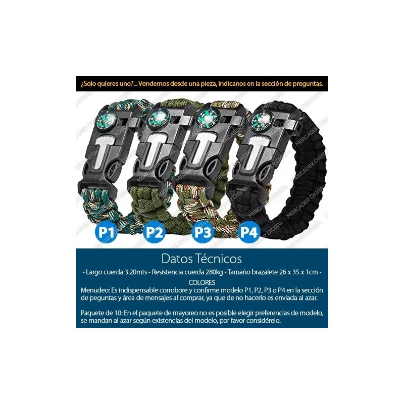 Mercader Digital Paquete De 10 Pulsera Supervivencia Táctica Paracord Mayoreo