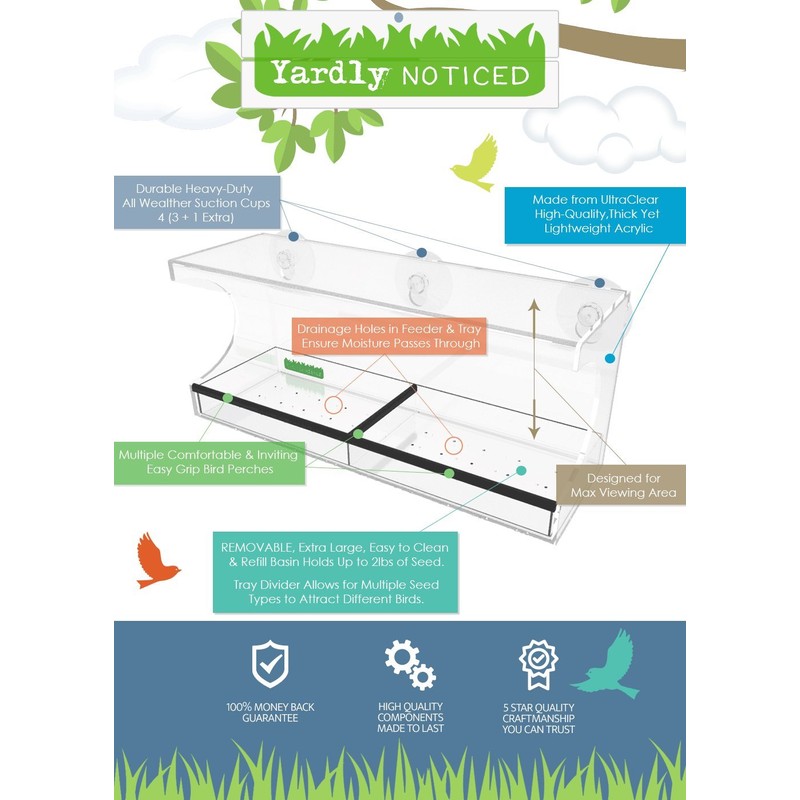 Yardly Noticed Window Bird Feeder with Removable Tray, Drain Holes,