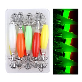 Luminous Squid Jig Hooks Kit Saltwater Glow Squid Fishing Jigs Fluoresent Cuttlefish Sleeve Octopus Fishing Bait Lure Hook Night Fishing Hard Squid Lures Set with Tackle Box(5 Color Mixed-10pcs)