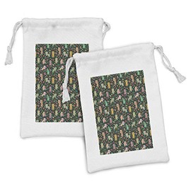 Ambesonne Cat Fabric Pouch Set of 2, Cartoon Style Feline Pattern on a Hearts Dots and Fish Background Animal Theme, Small Drawstring Bag for Toiletries Masks and Favors, 9" x 6", Multicolor