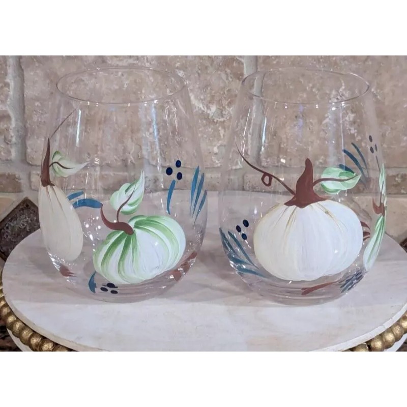 Unbranded Fall Harvest White Green PUMPKINS Hand Painted Stemless Wine