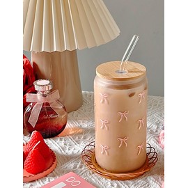 Loihayazea Cute Coquette Pink Aesthetic Bow Glass Cups with Lids and Straws, Preppy Girly Trendy Stuff Gifts for Women Teen Girls, 16oz Iced Coffee Cup, Glass Tumbler, Matcha Cup (Pink Bow)