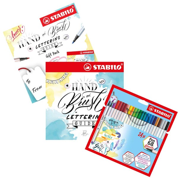 Brush Pens with Hand Lettering Guide- STABILO Pen 68 brush Wallet of 24 Assorted Colours + How to Hand Letter Guide