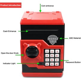 Kelibo Electronic Money Bank for Kids, Elctronic Password Security Piggy Bank Mini ATM Cash Coin Saving Box Smart Voice, Toy Gifts Birthday Gift for Children (Red)