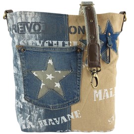 Sunsa Damen Tasche. Nachhaltige Umhängetasche. Handtasche aus recycelte Jeans & Canvas Schultertasche in Vintage Stil mit Stern. Crossover Bag