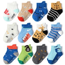 Baby Non Slip Grip Ankle Socks, 12-Pack [Cartoon] Sticky Slippery Cotton Crew Socks for 1-3/3-5 Years Old Infants Toddlers Kids Boys Girls Crawling Unisex Ankle Socks Non Skid Sole for Babies Boy Girl