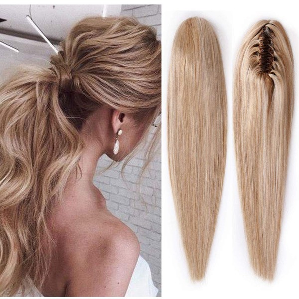 100% Remy Human Hair Ponytail Extension One Piece Claw/Jaw Clip Ponytail Hairpiece Clip In Pony Tail Extensions For Girl Lady Women Long Straight #18P613 Ash Blonde&Bleach Blonde 16'' 105g