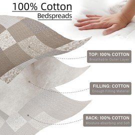 VatinHK 100% Cotton Oversized California King Bedspread 120"x128" Extra Wide Quilt - 3 Pieces Farmhouse Patchwork Plaid XL Bedspread Set, Lightweight Reversible Bedding Coverlet Set, Brown/Gray/Beige