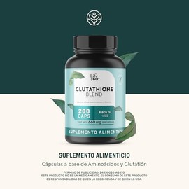 LIFE 360+ Glutatión| 200 Cápsulas | 1320 mg por porción | L-Glutatión, L-Lisina, L-Glicina y L-Glutamina |Suplemento Alimenticio a base de Aminoácidos, Ingredientes Naturales