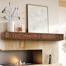 YLYHSST 60" Fireplace Mantel, 5'' Thick Handmade Hollow Solid Wood Wall Long Floating Shelf with Invisible Wood Brackets, Brown