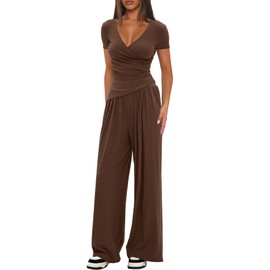 Darong Women's 2 Piece Outfits 2025 Short Sleeve Irregular hem Tops And Long Pants Lounge Sets Tracksuit 9084A Coffee M