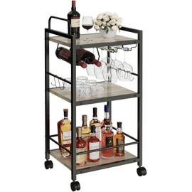 Bar Cart for The Home, 3 Tier Kitchen Carts with Wheels, Small Rolling Cart with Glass Holders, Wine Rack, Mini Bar Cart for Kitchen, Dining Room, Living Room, 13.0" D x 17.0" W x 33.8" H, Greige