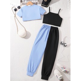 Ecolala Girl's Summer 3 Pieces Outfits Graphic Crop Top and Cami with Sweatpants Set Blue 11-12Y