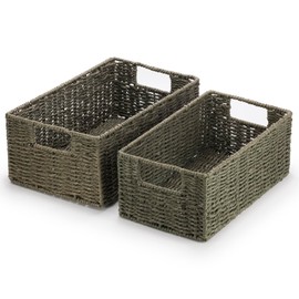 Woodluv Storage Baskets set of 2, Paper Rope Storage Boxes Bin Organiser Divider for Cupboards Drawer Closet Shelf,Wicker Woven Basket, Dark Green