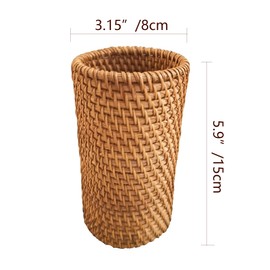 amololo Handmade High Wall Rattan Pen Cup,Tea Items Desk Holder,Wicker Pencil Décor Holder Flower Vase For Dry Flower,Rustic Makeup Brushes Holder Stand, Table Loose Items Organizer (High Cylinder)